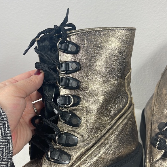 Free People Leather Gold Distressed Lace Up Boots Size 6 - Picture 3 of 6